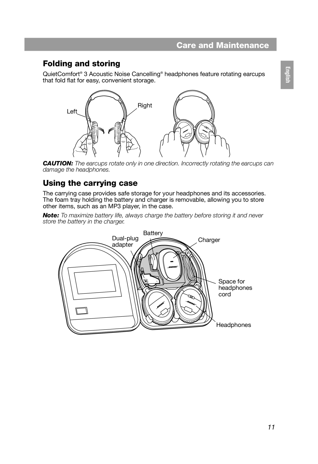 Bose QC3, QuietComfort 3 manual Care and Maintenance, Folding and storing, Using the carrying case, Français 