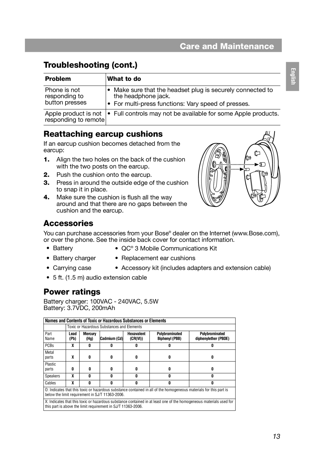 Bose QuietComfort 3 Troubleshooting cont, Reattaching earcup cushions, Accessories, Power ratings, Care and Maintenance 