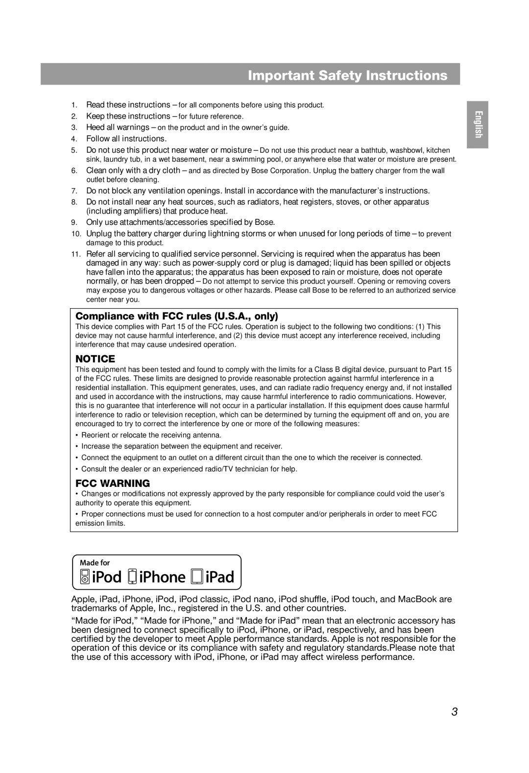 Bose QC3 manual Important Safety Instructions, Compliance with FCC rules U.S.A., only, Fcc Warning, Français, English 