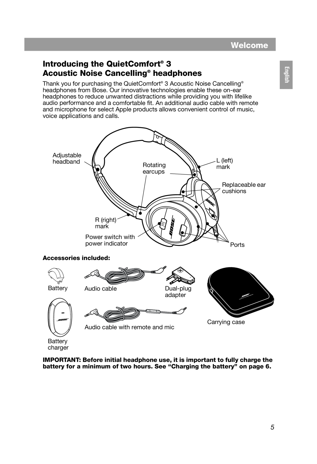 Bose QC3 manual Welcome, Introducing the QuietComfort, Acoustic Noise Cancelling headphones, Accessories included, Français 