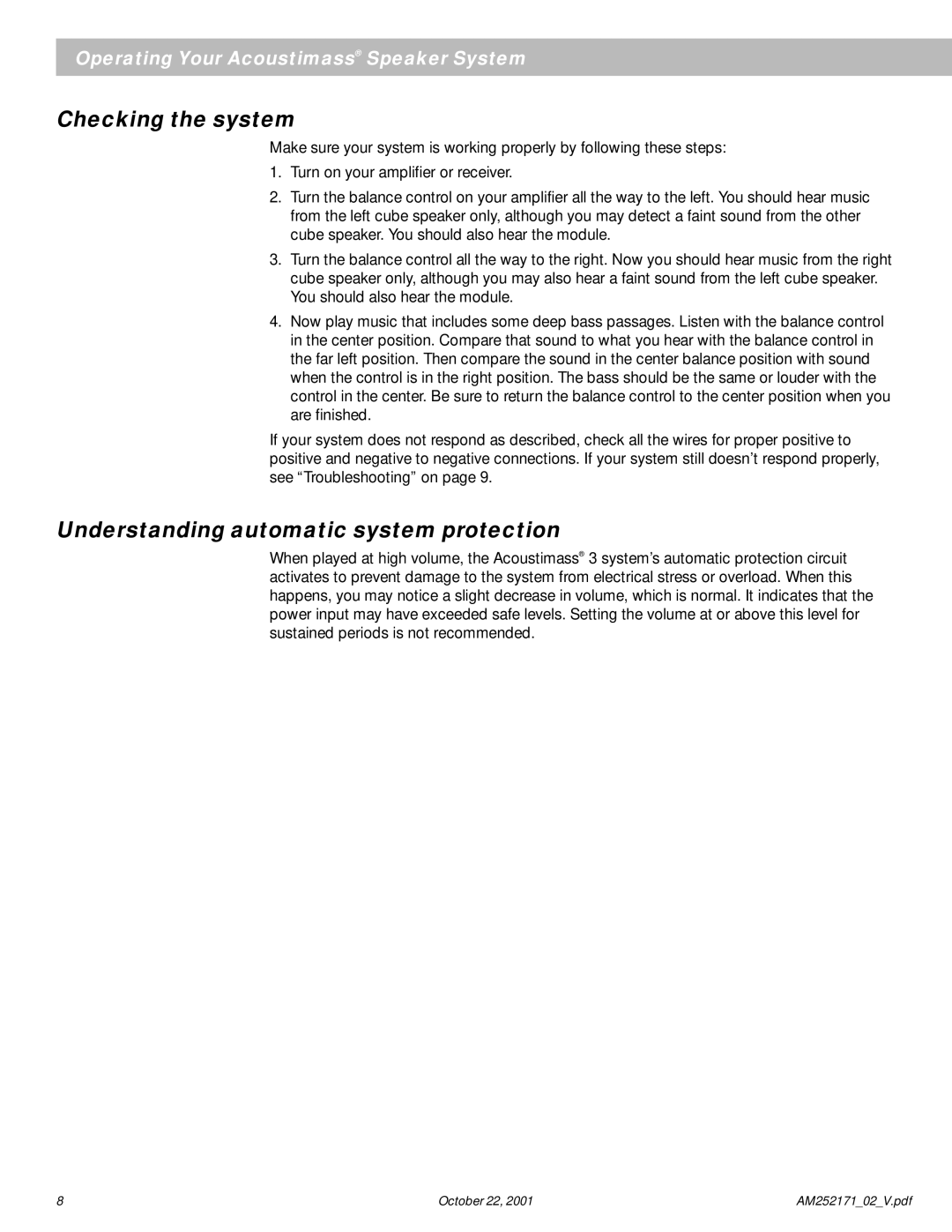 Bose 3 Series manual Checking the system, Understanding automatic system protection 