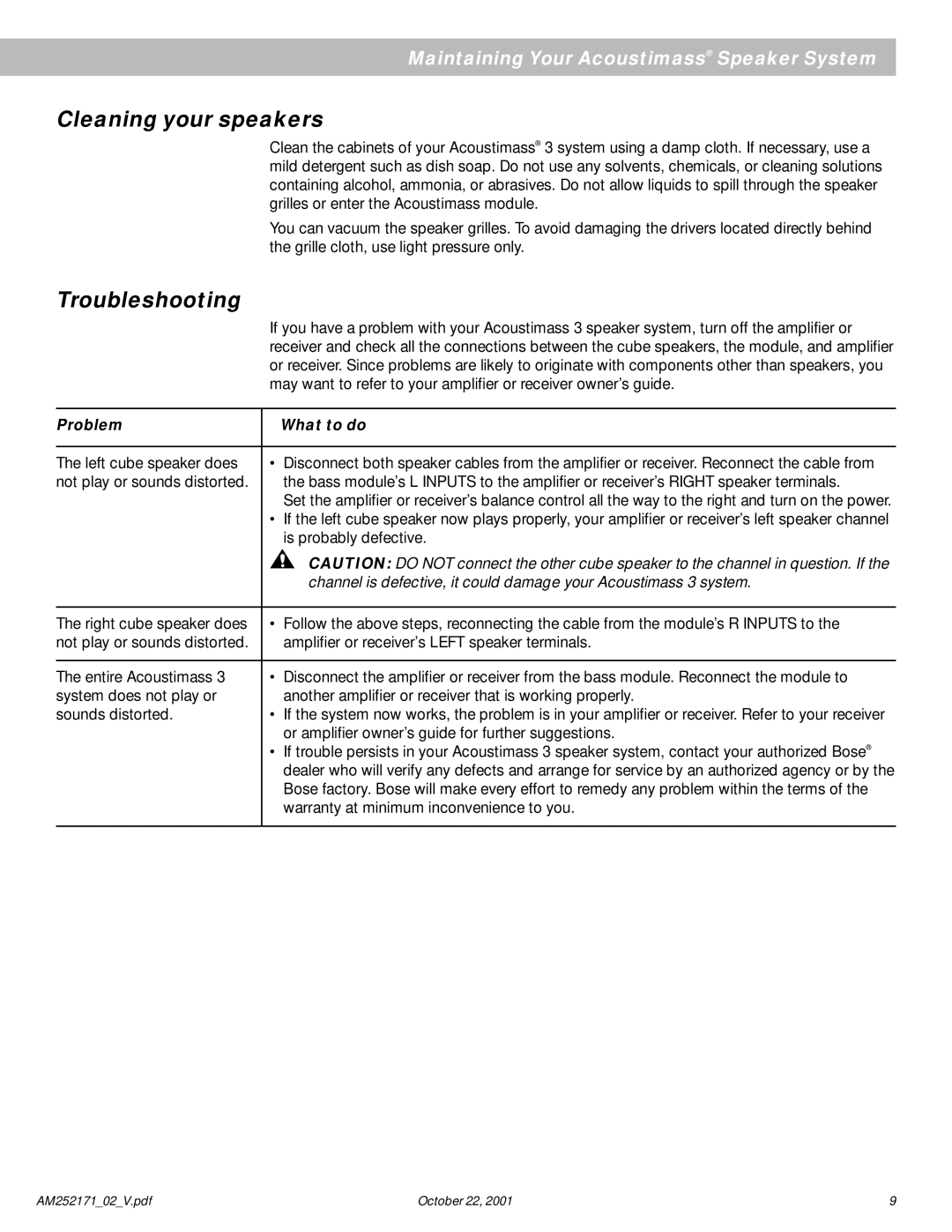 Bose 3 Series manual Cleaning your speakers, Troubleshooting 