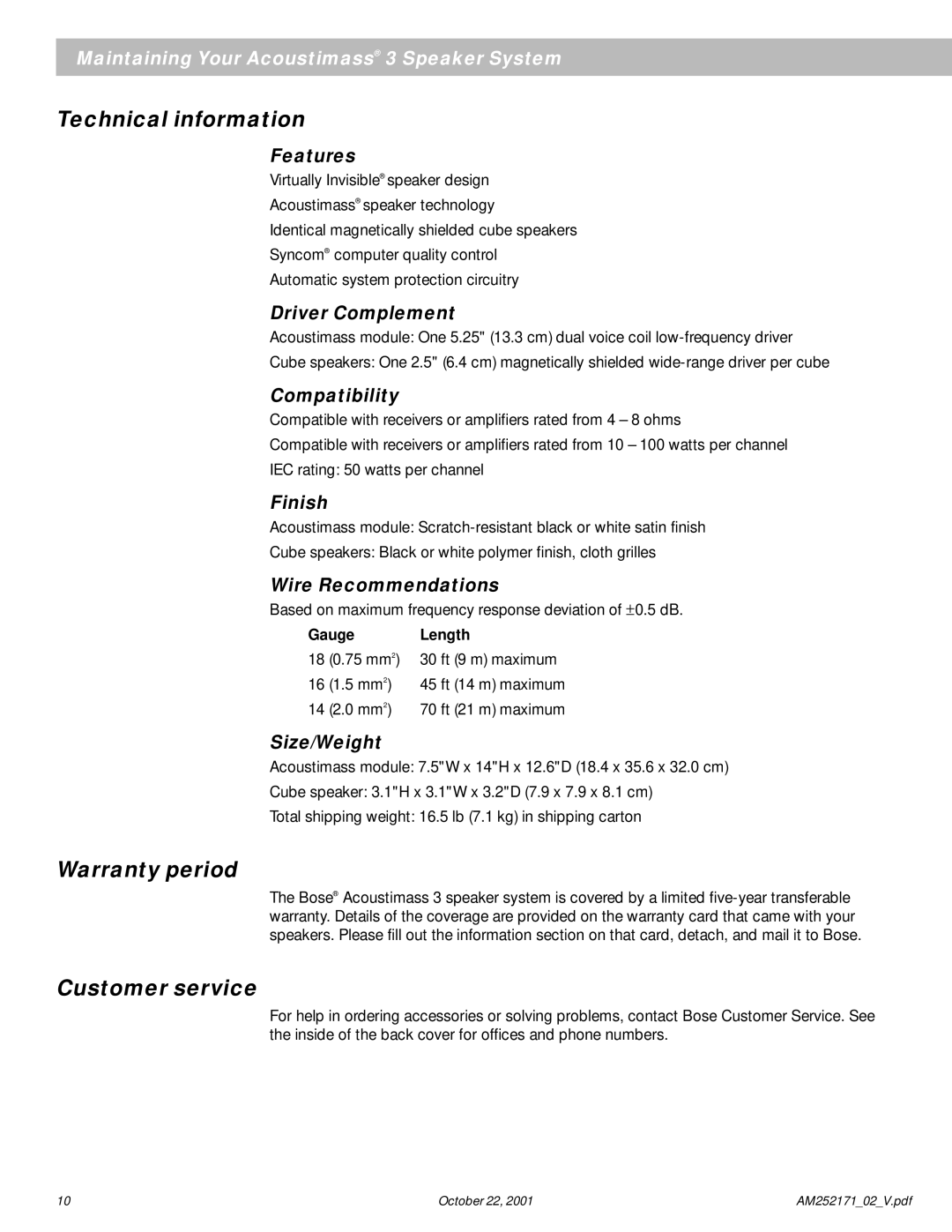 Bose 3 Series manual Technical information, Warranty period, Customer service 