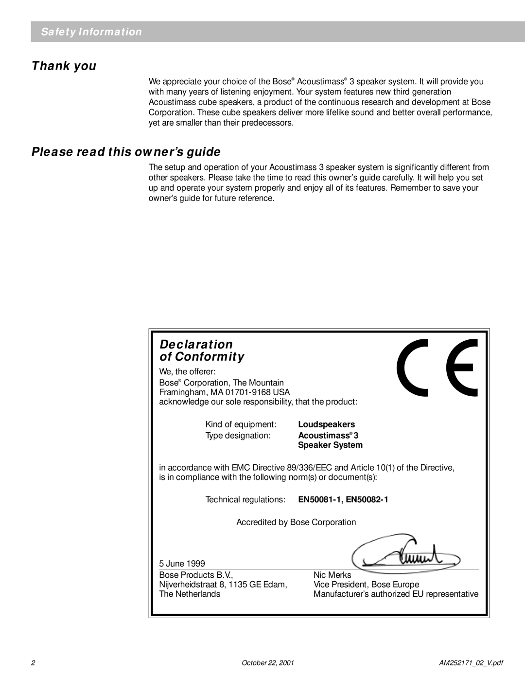 Bose 3 Series manual Thank you, Please read this owner’s guide, Declaration Conformity 