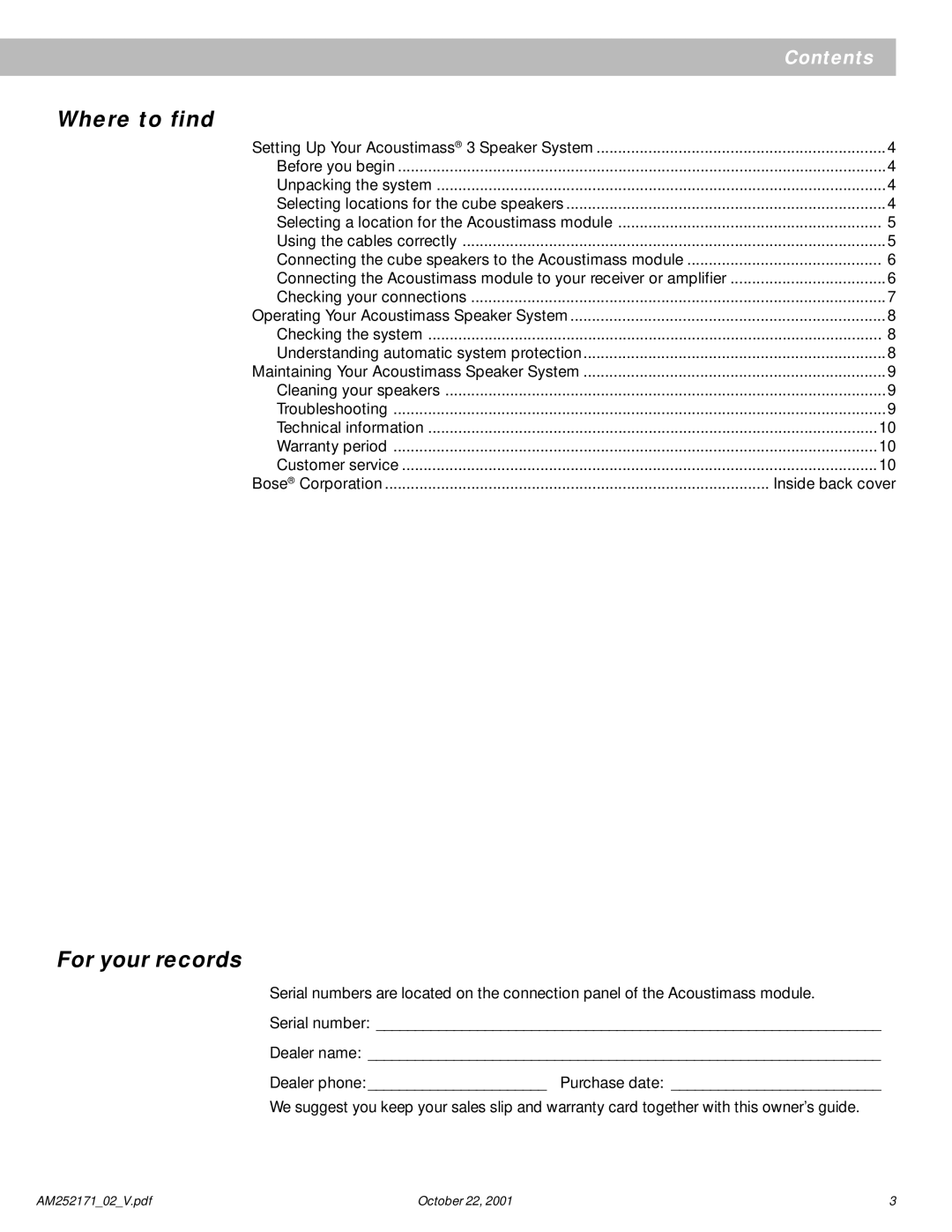 Bose 3 Series manual Where to find …, For your records 