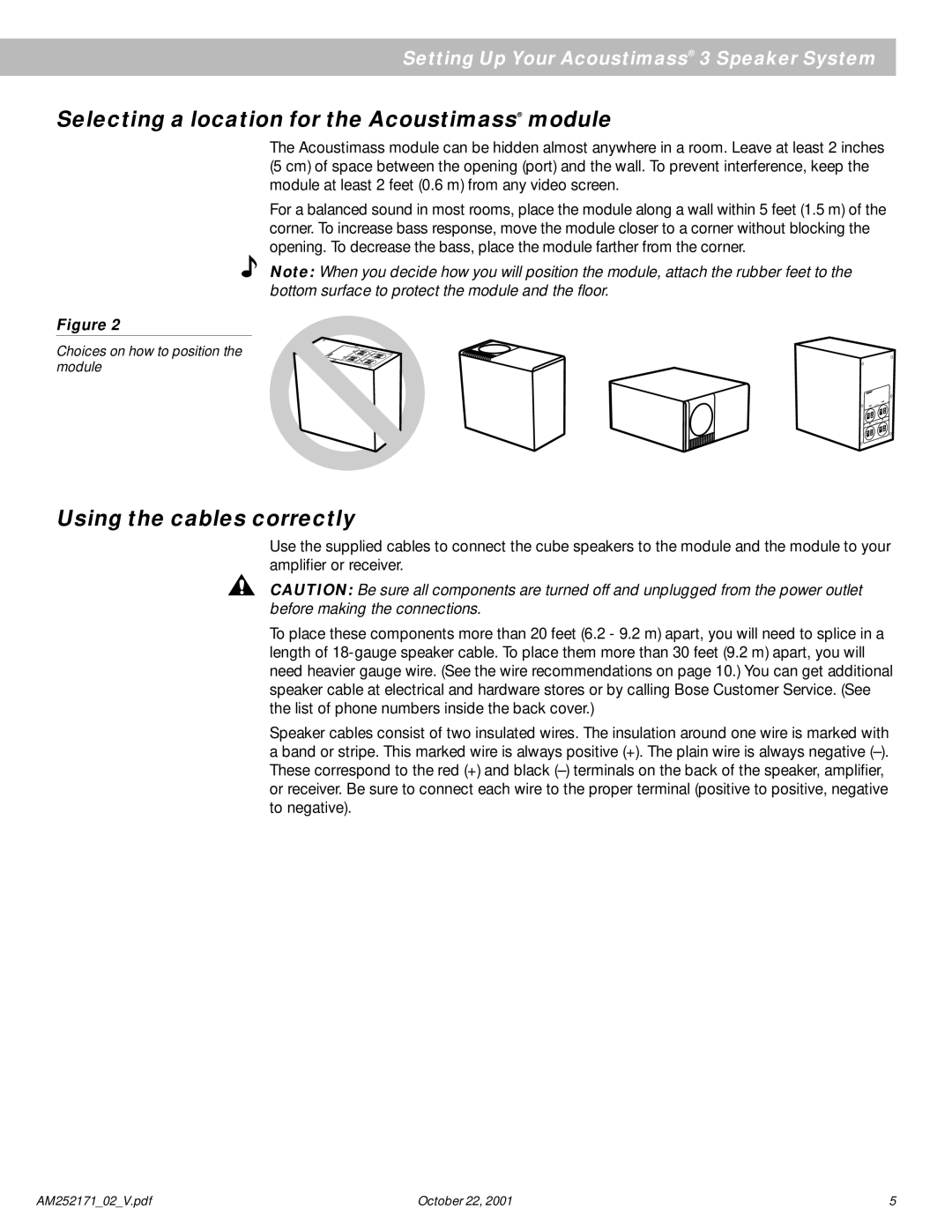 Bose 3 Series manual Selecting a location for the Acoustimass module, Using the cables correctly 