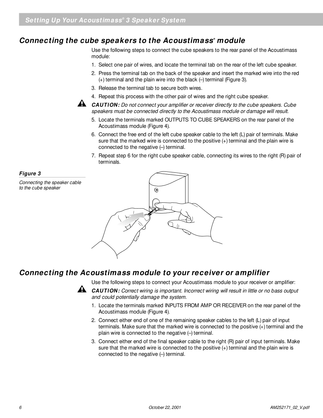 Bose 3 Series manual Connecting the cube speakers to the Acoustimass module 