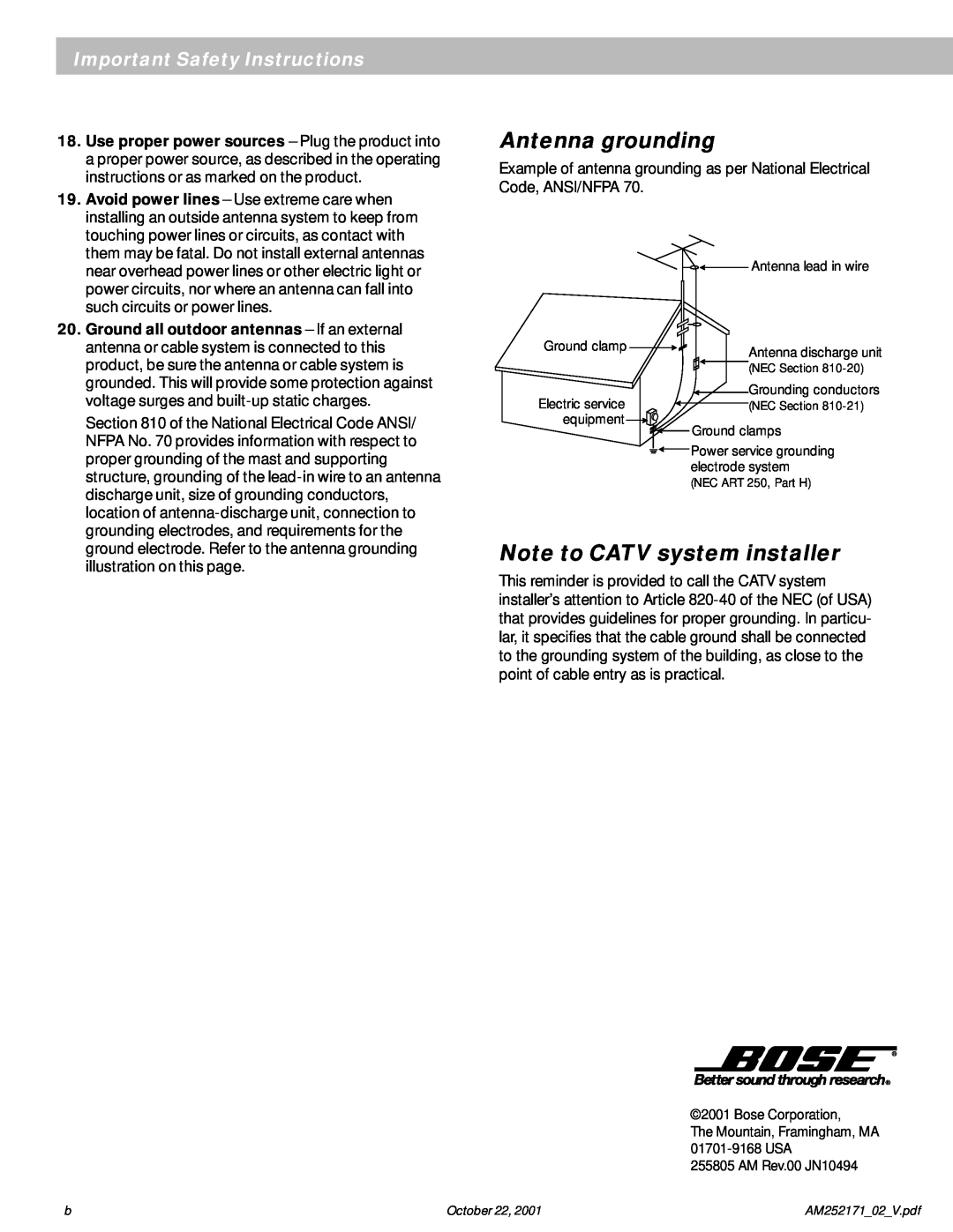 Bose 3 Series manual Antenna grounding, Note to CATV system installer, Important Safety Instructions, Antenna lead in wire 