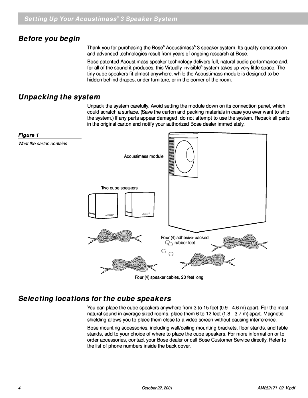 Bose 3 Series manual Before you begin, Unpacking the system, Selecting locations for the cube speakers 
