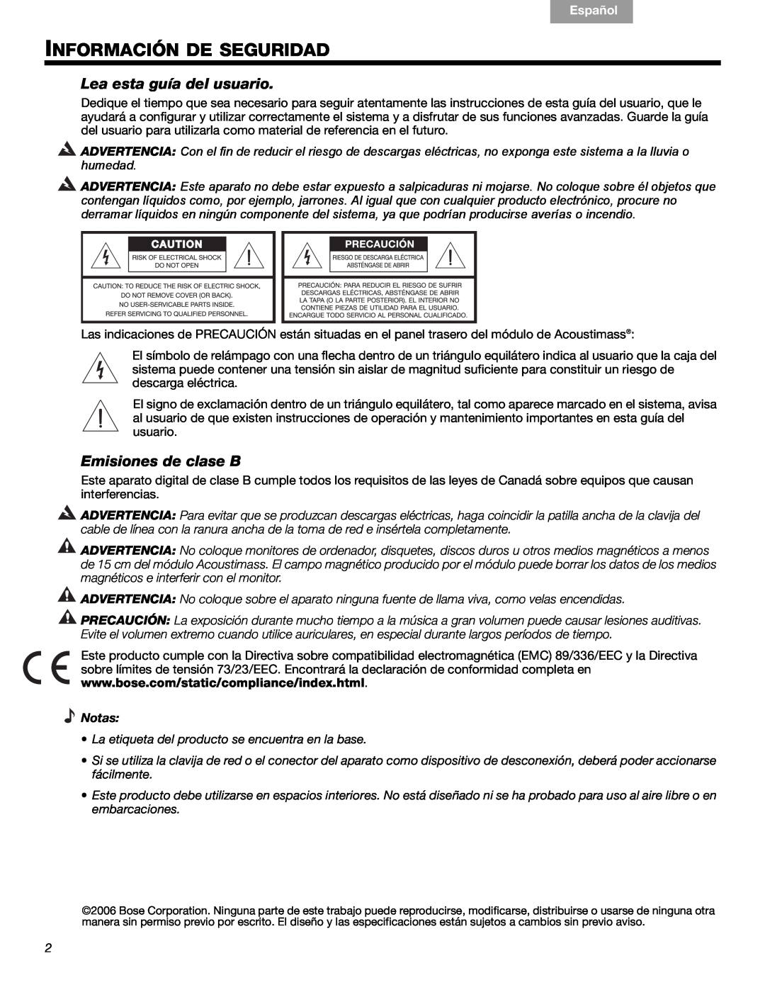 Bose 3 manual Información De Seguridad, Lea esta guía del usuario, Emisiones de clase B, Notas, Français, Español, English 