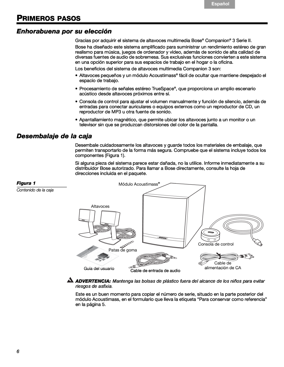 Bose 3 manual Primeros Pasos, Enhorabuena por su elección, Desembalaje de la caja, Figura, Français, Español, English 