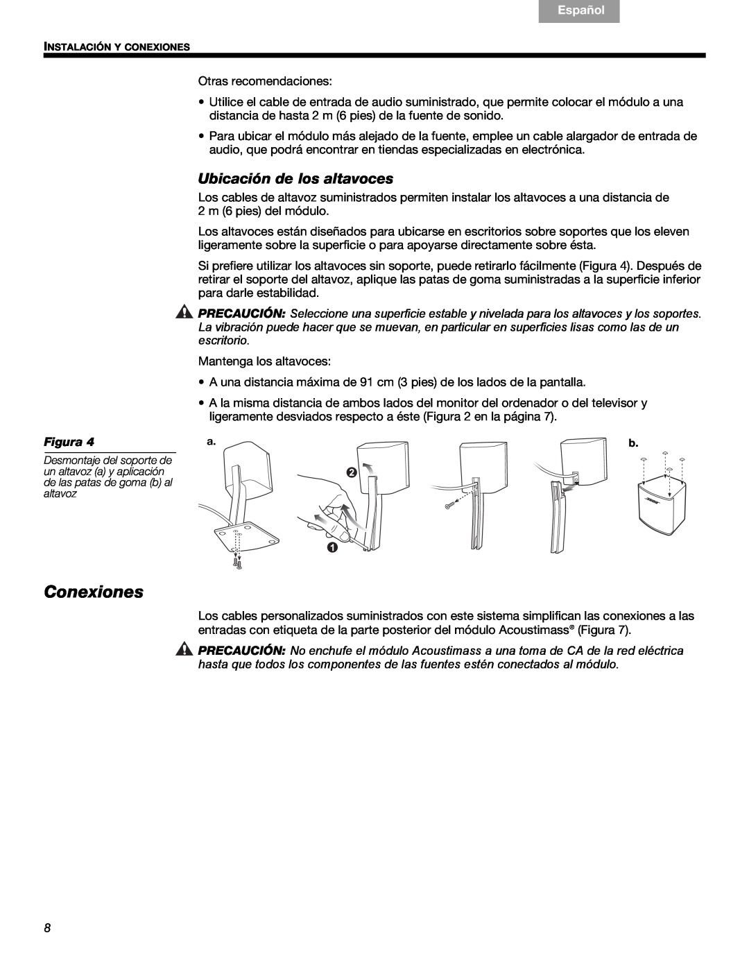 Bose 3 manual Conexiones, Ubicación de los altavoces, Français, Español, English, Figura 