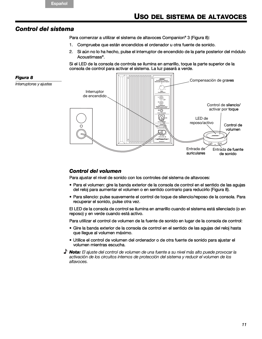 Bose 3 manual Uso Del Sistema De Altavoces, Control del sistema, Control del volumen, English, Español, Français, Figura 