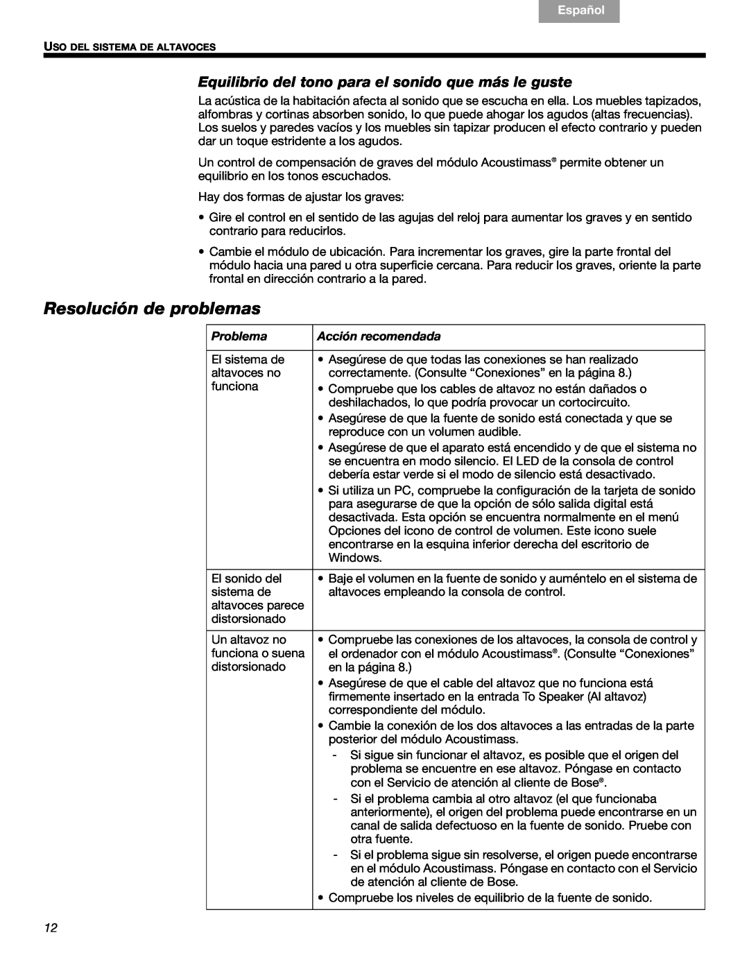 Bose 3 manual Resolución de problemas, Problema, Acción recomendada, Français, Español, English 
