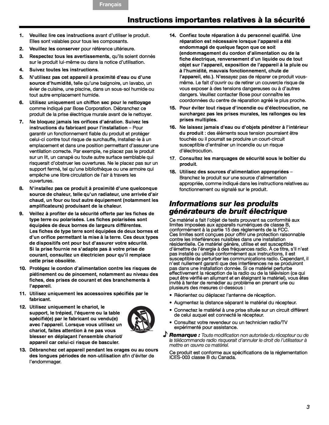 Bose 3 manual Instructions importantes relatives à la sécurité, English Español, Français 
