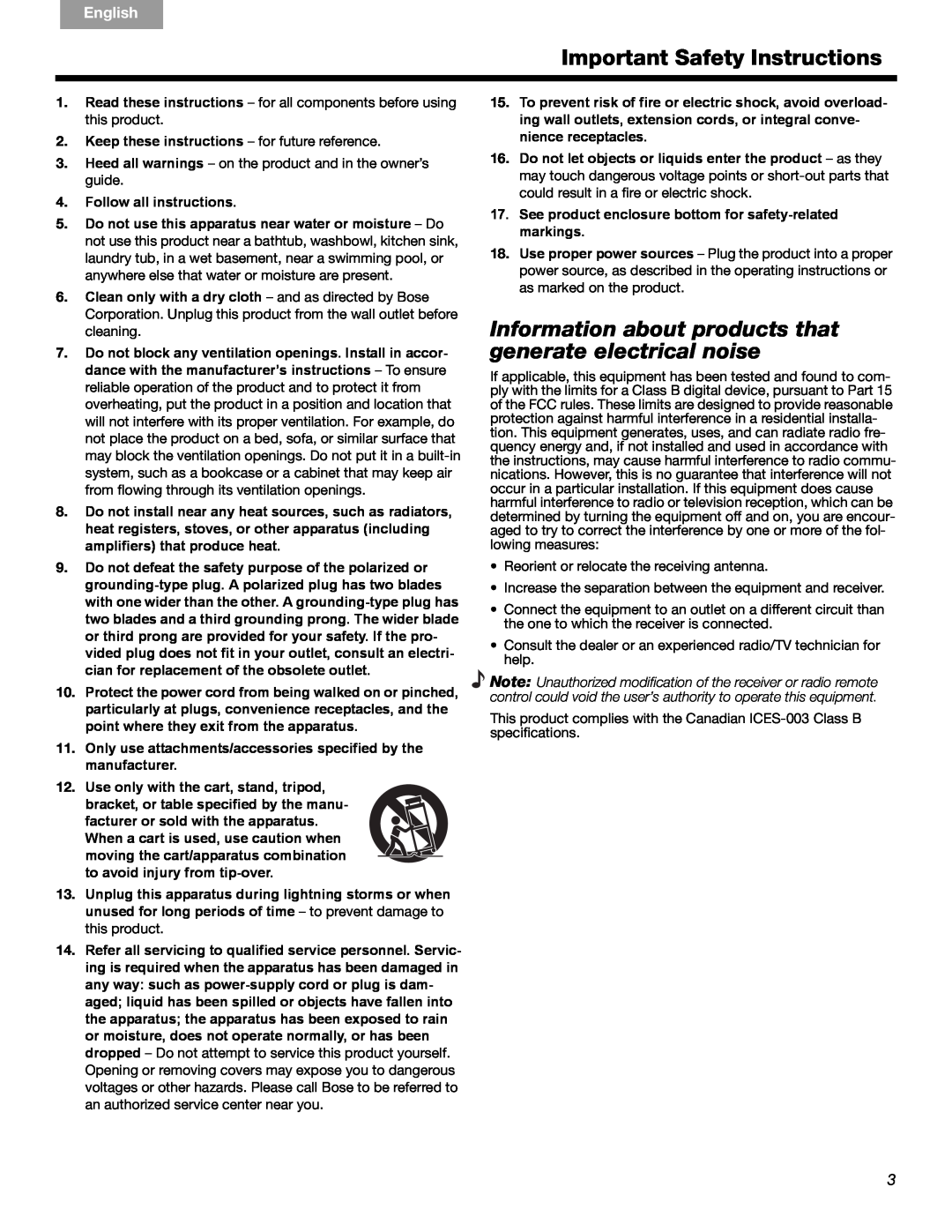 Bose 3 manual Important Safety Instructions, Español Français, English 