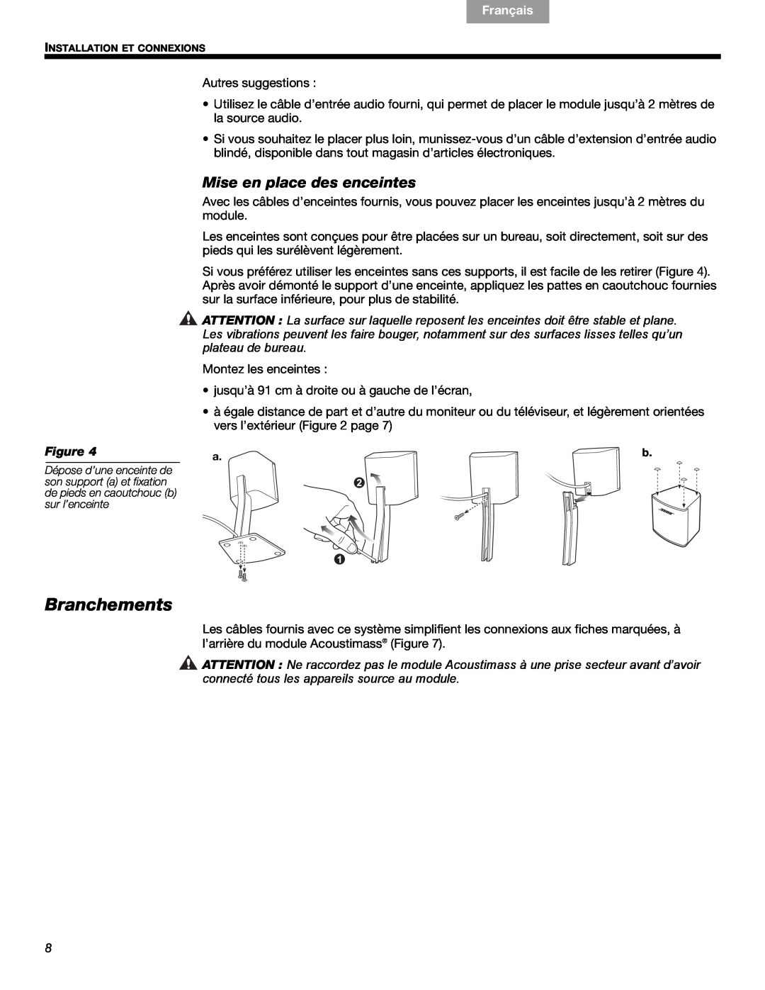 Bose 3 manual Branchements, Mise en place des enceintes, Français, Español English 