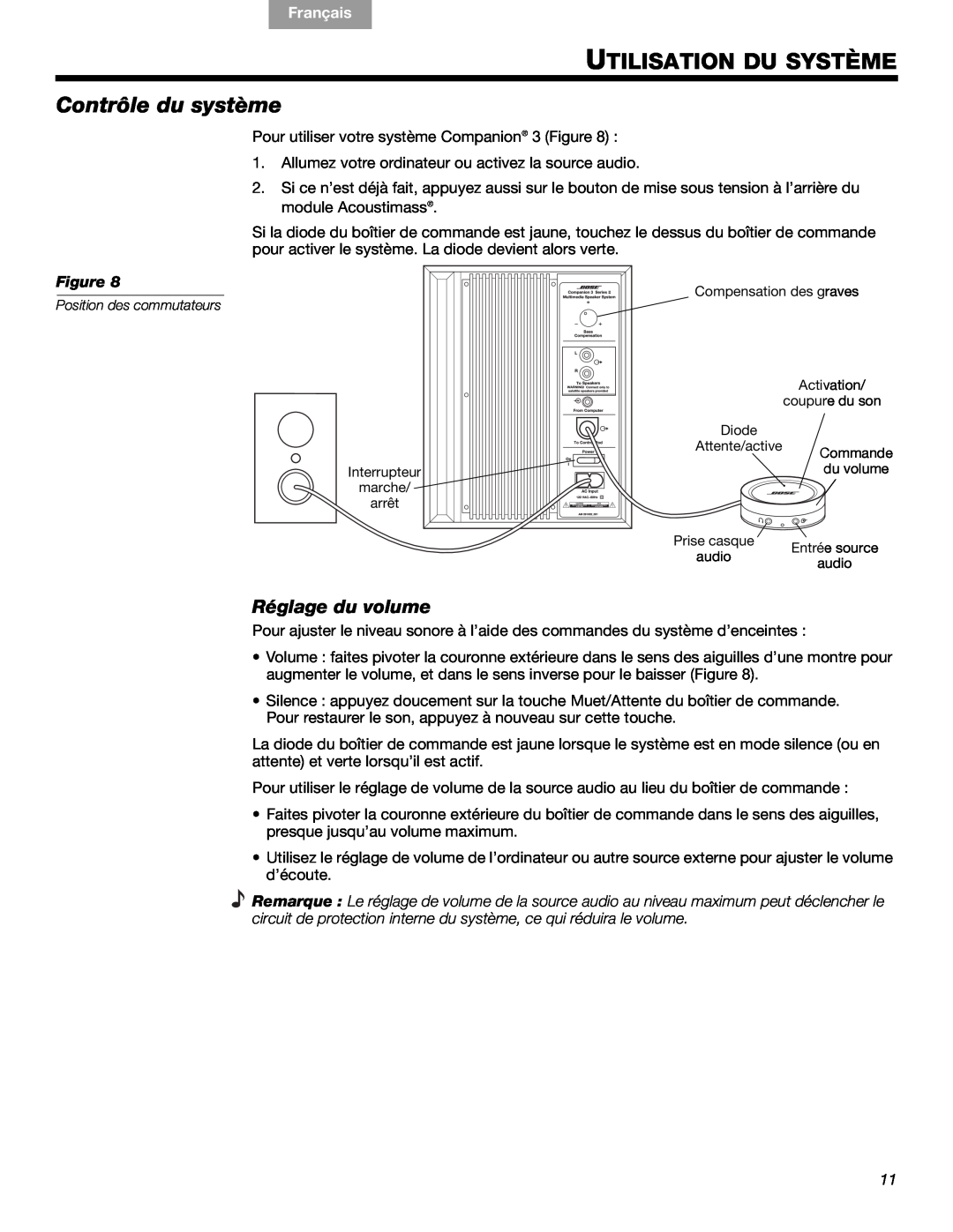 Bose 3 manual Utilisation Du Système, Contrôle du système, Réglage du volume, English Español, Français 