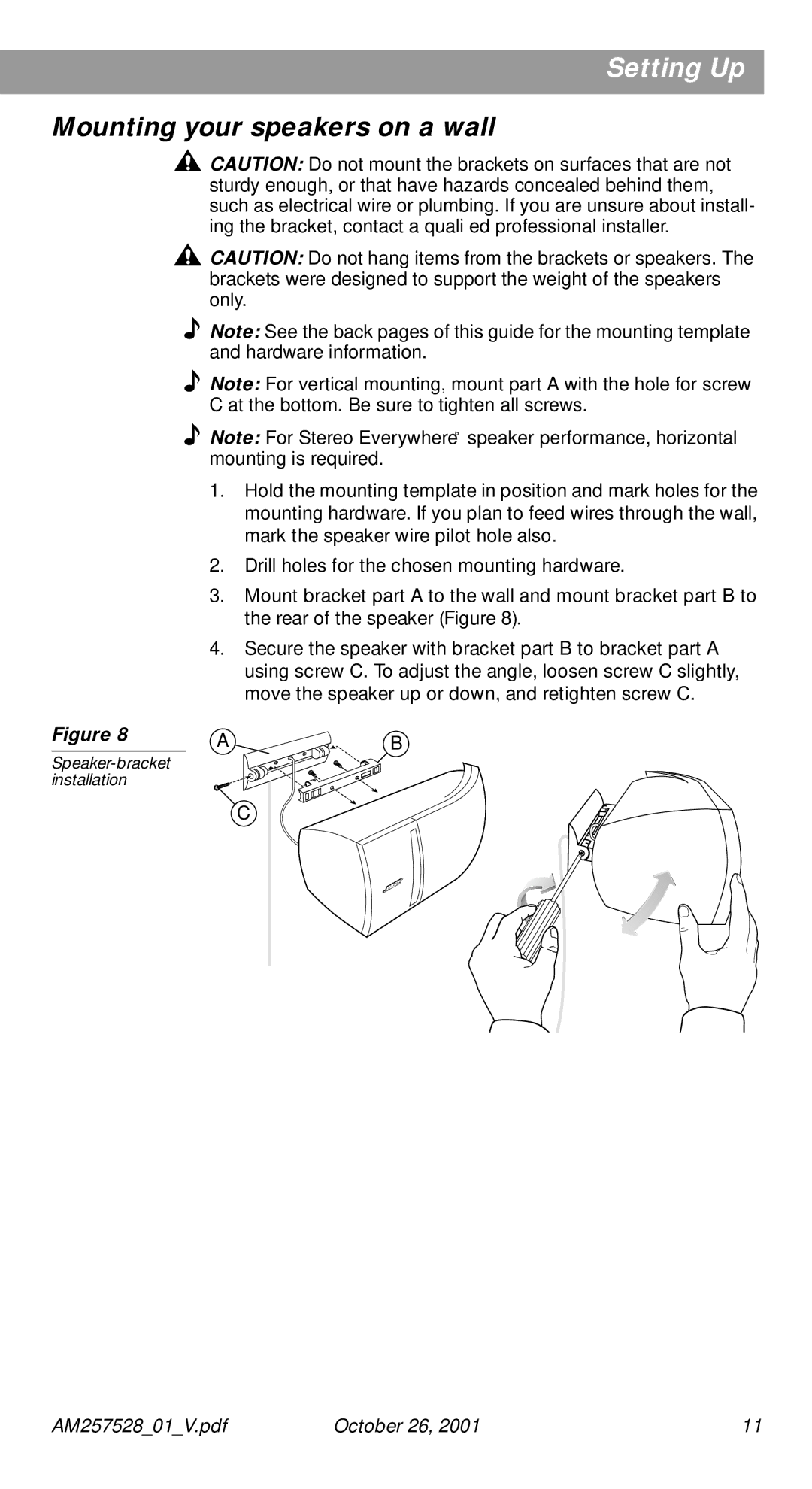 Bose 30 Series II manual Mounting your speakers on a wall 