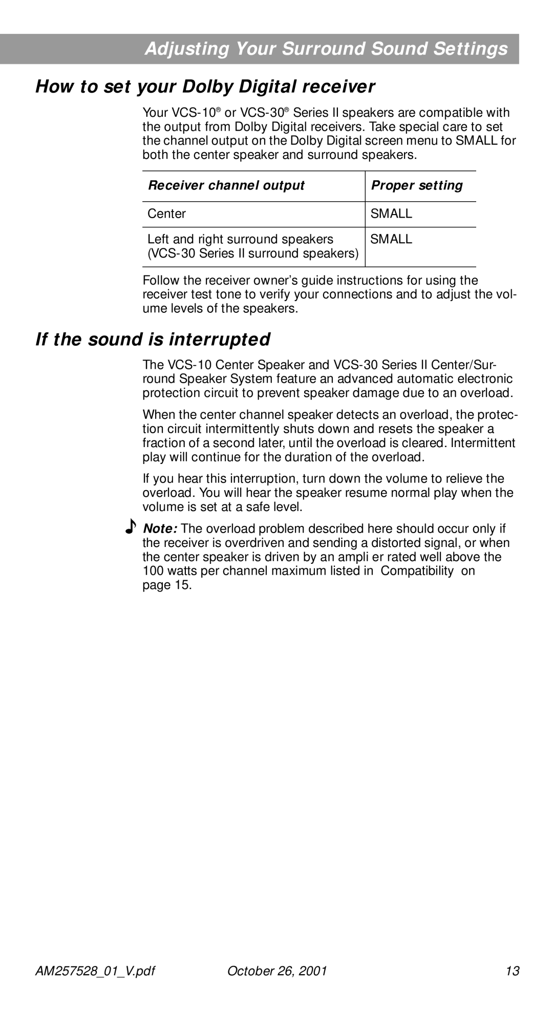 Bose 30 Series II manual How to set your Dolby Digital receiver, If the sound is interrupted 