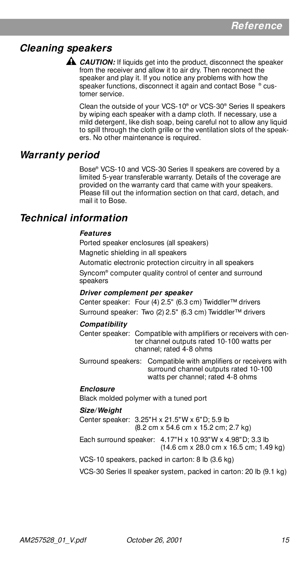 Bose 30 Series II manual Cleaning speakers, Warranty period, Technical information 