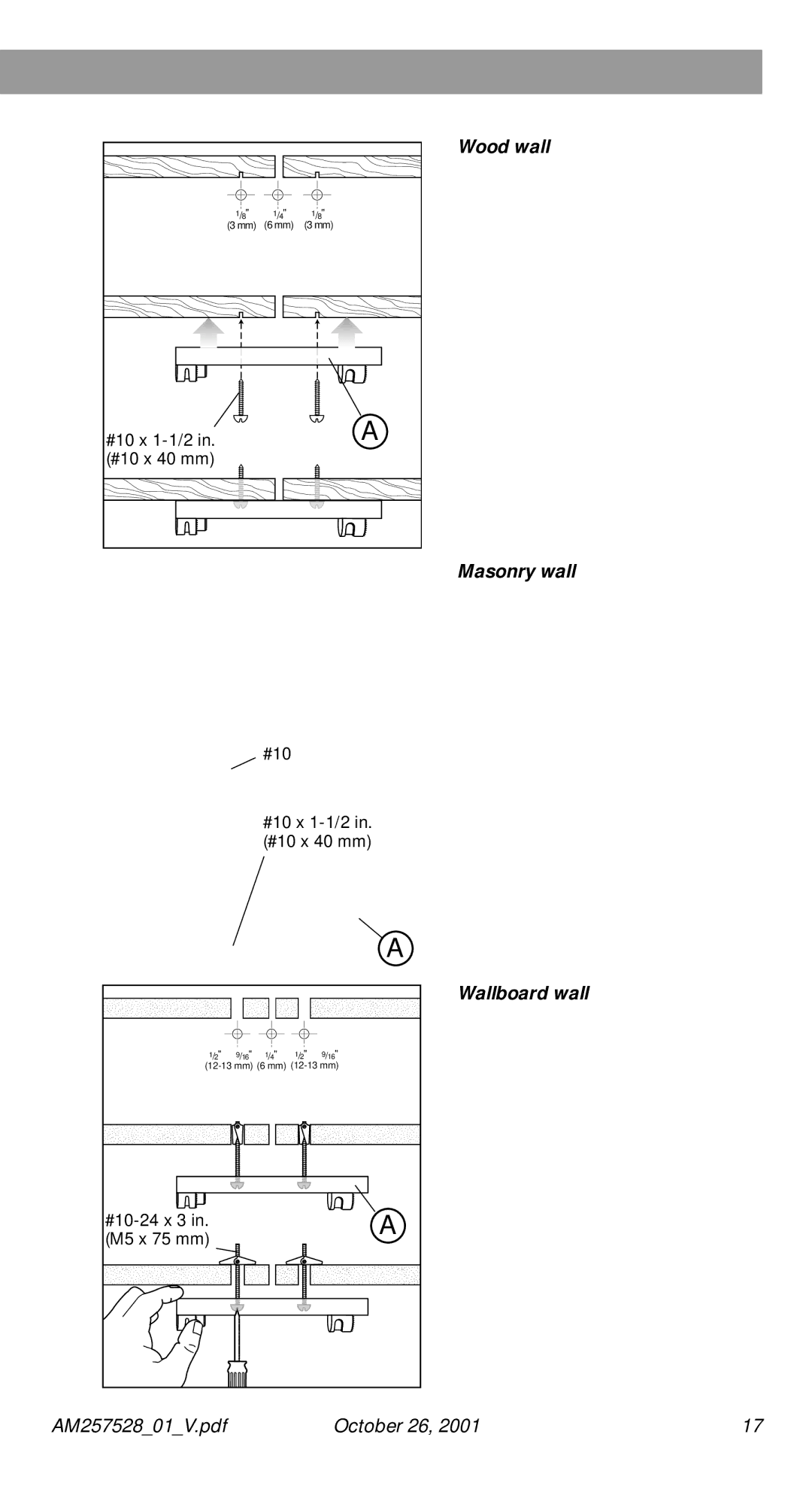 Bose 30 Series II manual Wood wall, Masonry wall, Wallboard wall 