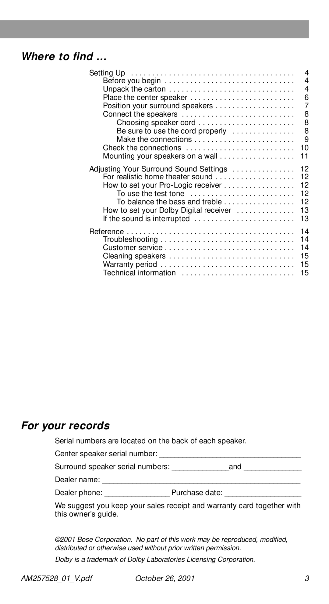 Bose 30 Series II manual Where to ﬁnd …, For your records 