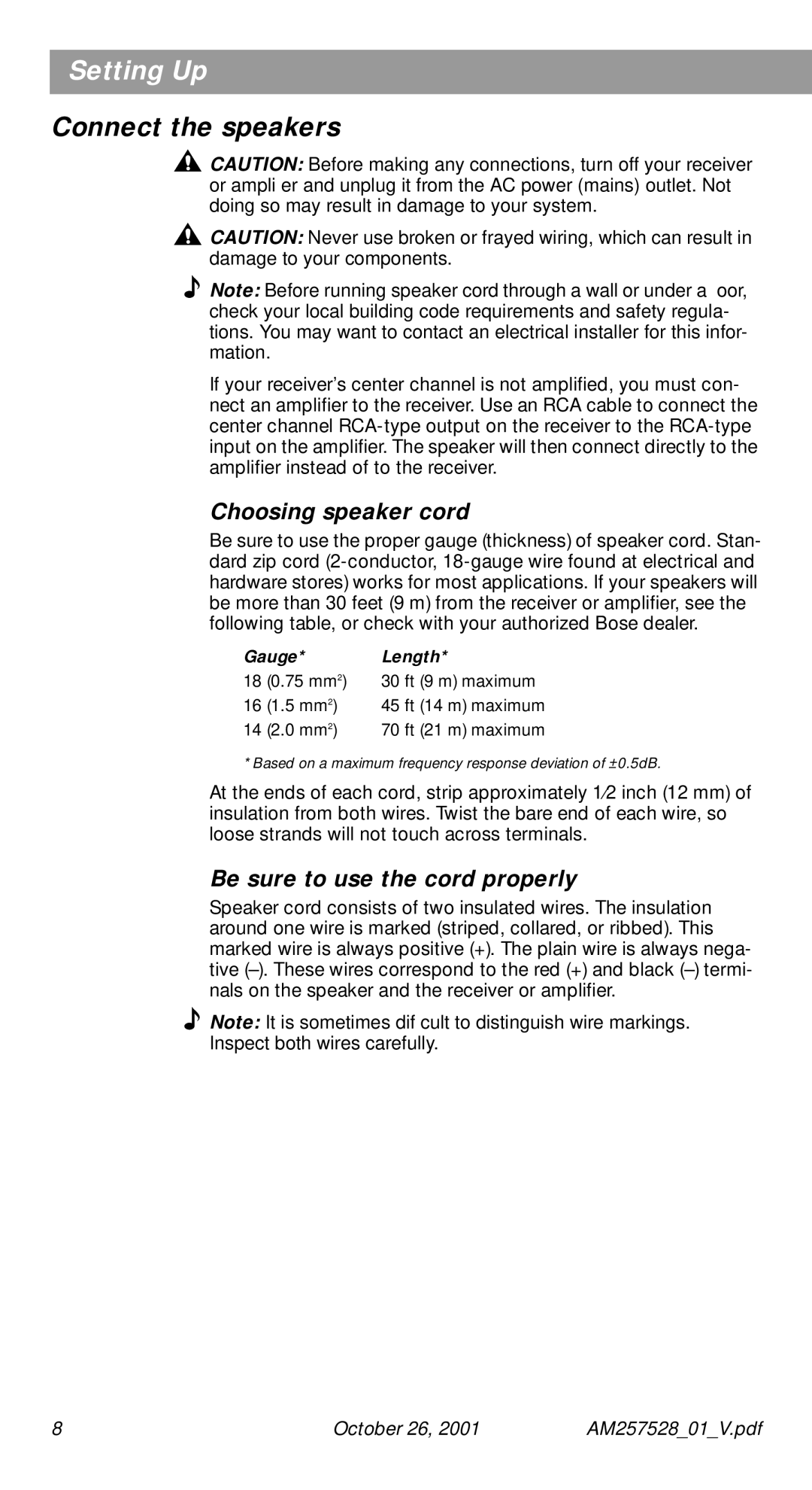 Bose 30 Series II manual Connect the speakers, Choosing speaker cord 