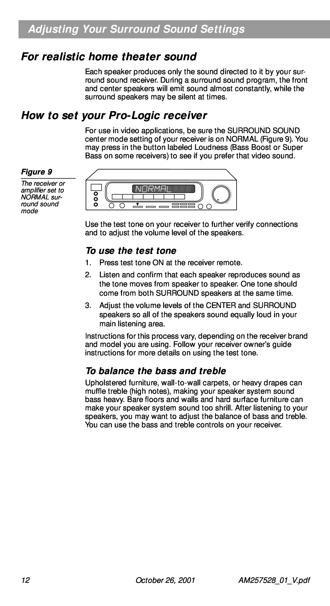 Bose 30 Series II Adjusting Your Surround Sound Settings, For realistic home theater sound, To use the test tone, October 