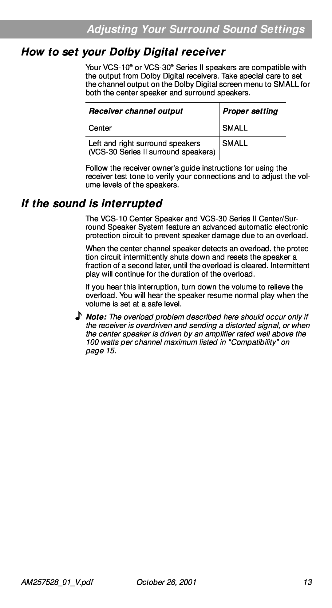 Bose 30 Series II How to set your Dolby Digital receiver, If the sound is interrupted, Receiver channel output, October 