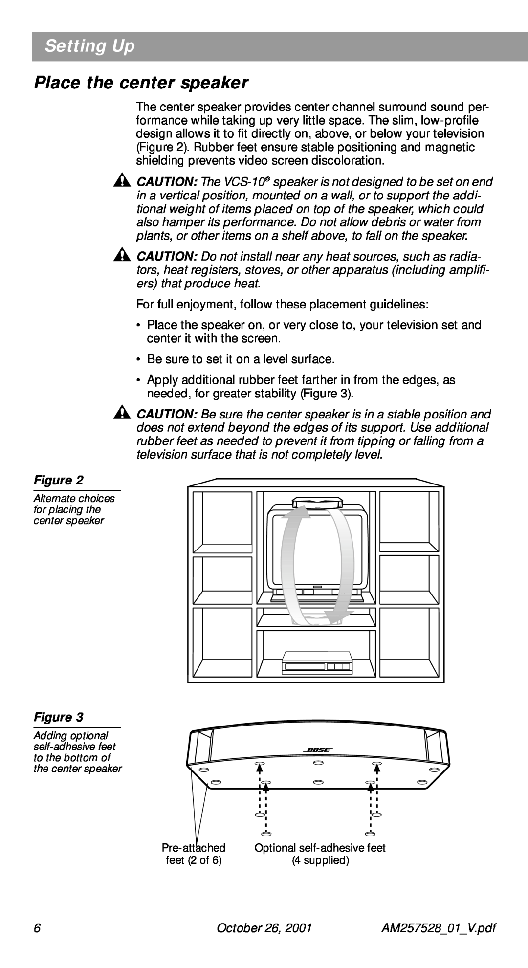 Bose 30 Series II manual Place the center speaker, Setting Up, October 