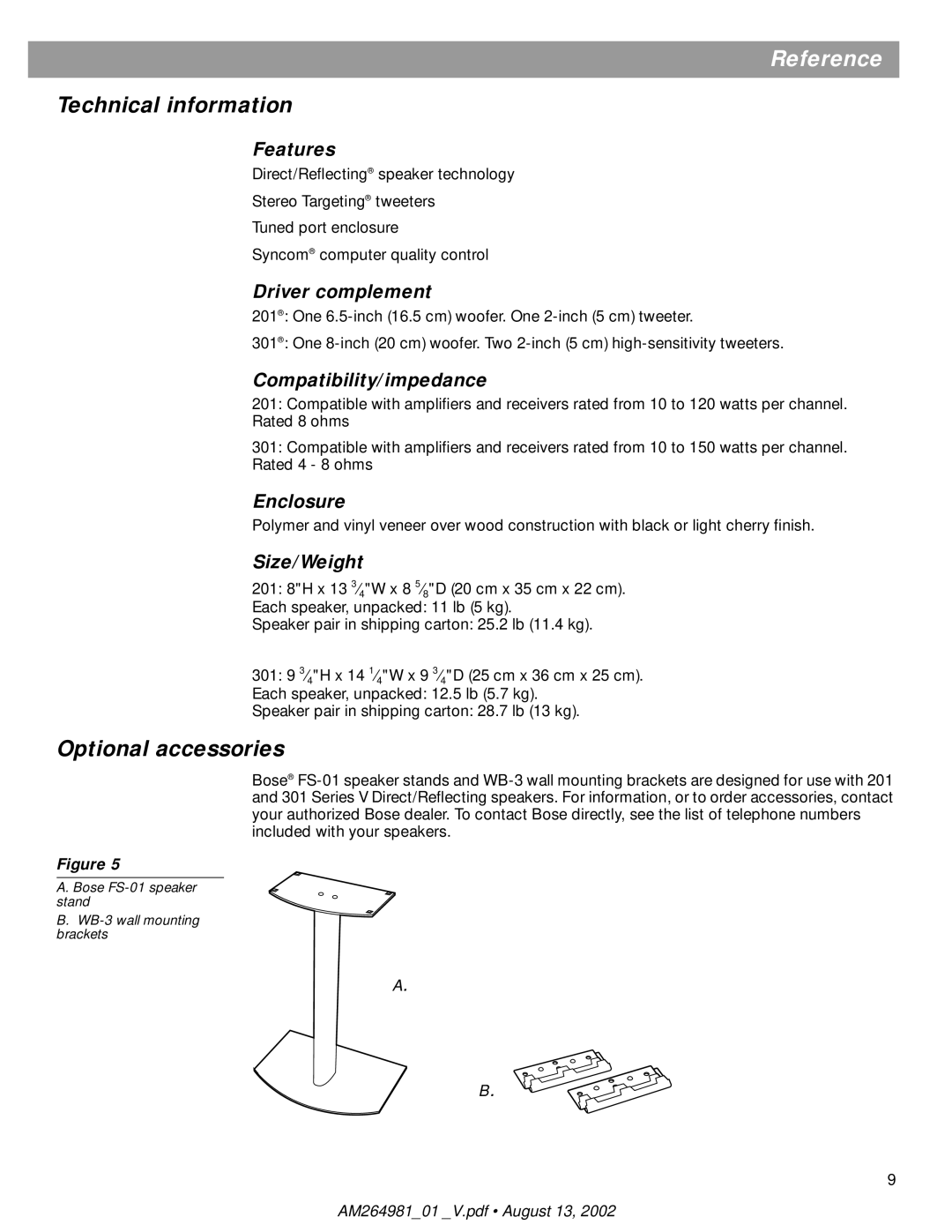 Bose 201, 301 manual Technical information, Optional accessories 