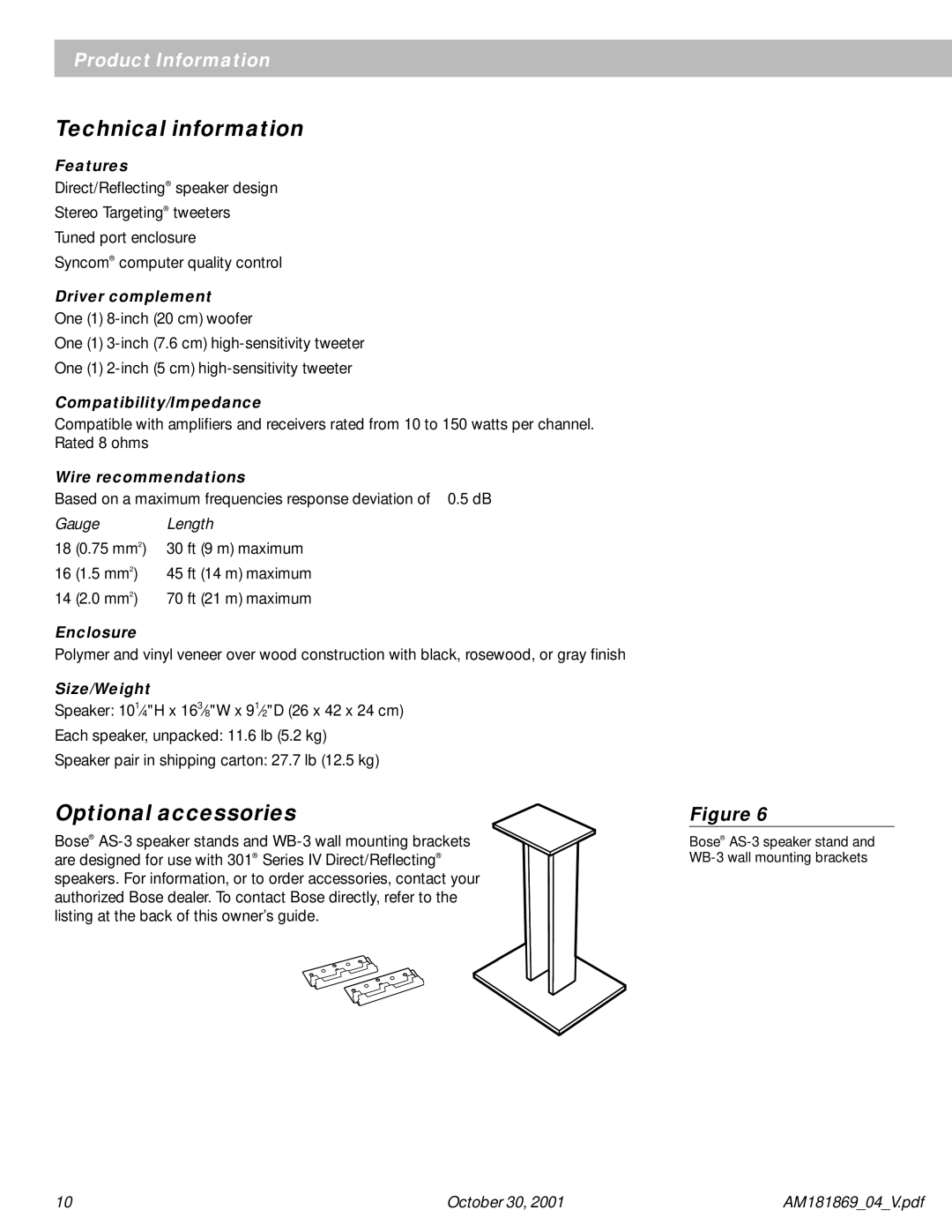 Bose 301 Series manual Technical information, Optional accessories 