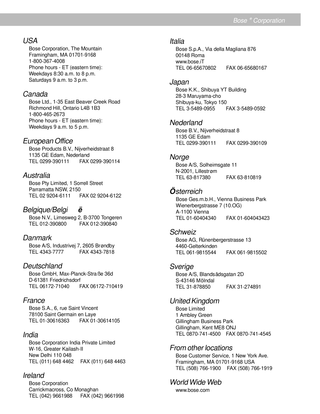 Bose 301 Series Canada, European Office, Australia, Belgique/België, Danmark, Deutschland, France, India, Ireland, Italia 