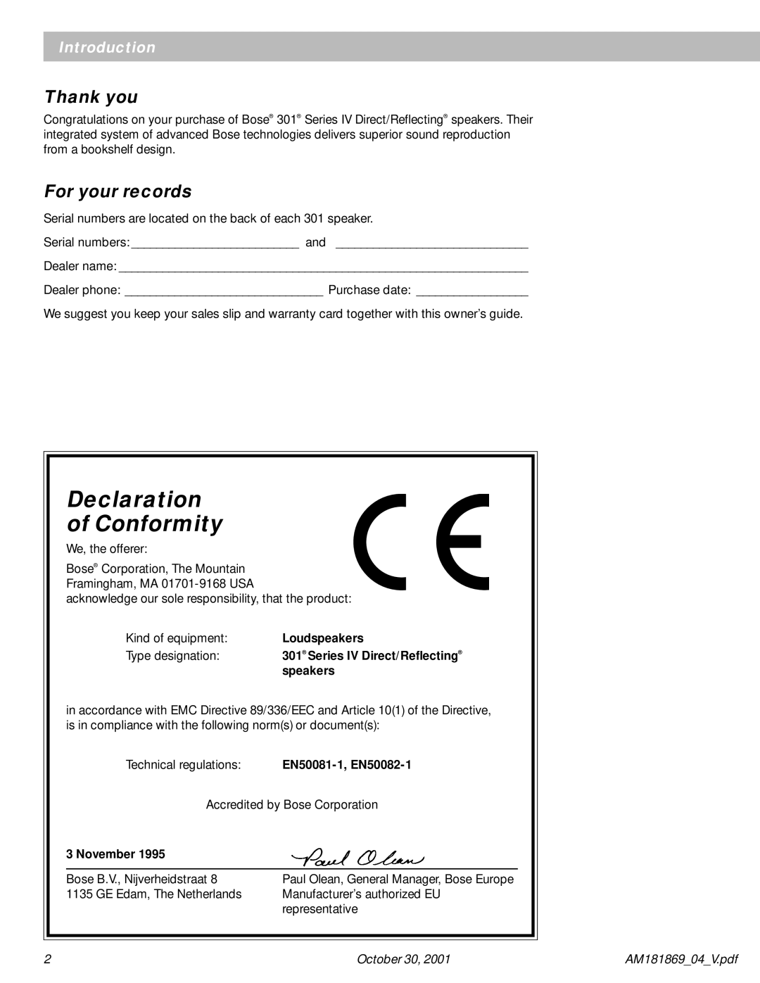 Bose 301 Series manual Thank you, For your records 