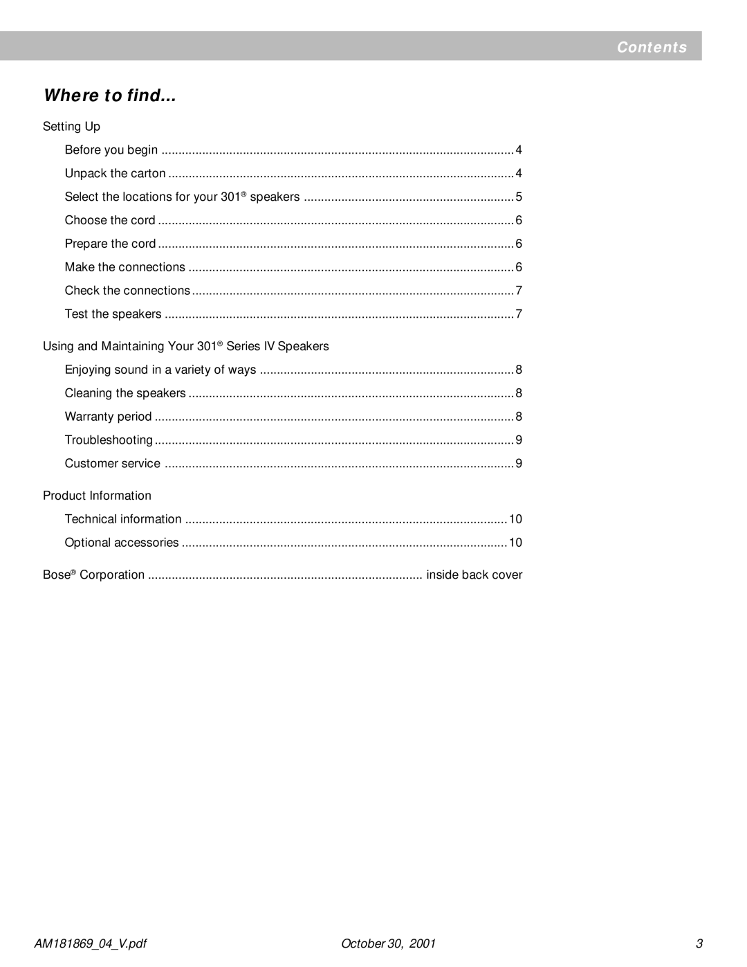 Bose 301 Series manual Where to find, Setting Up 