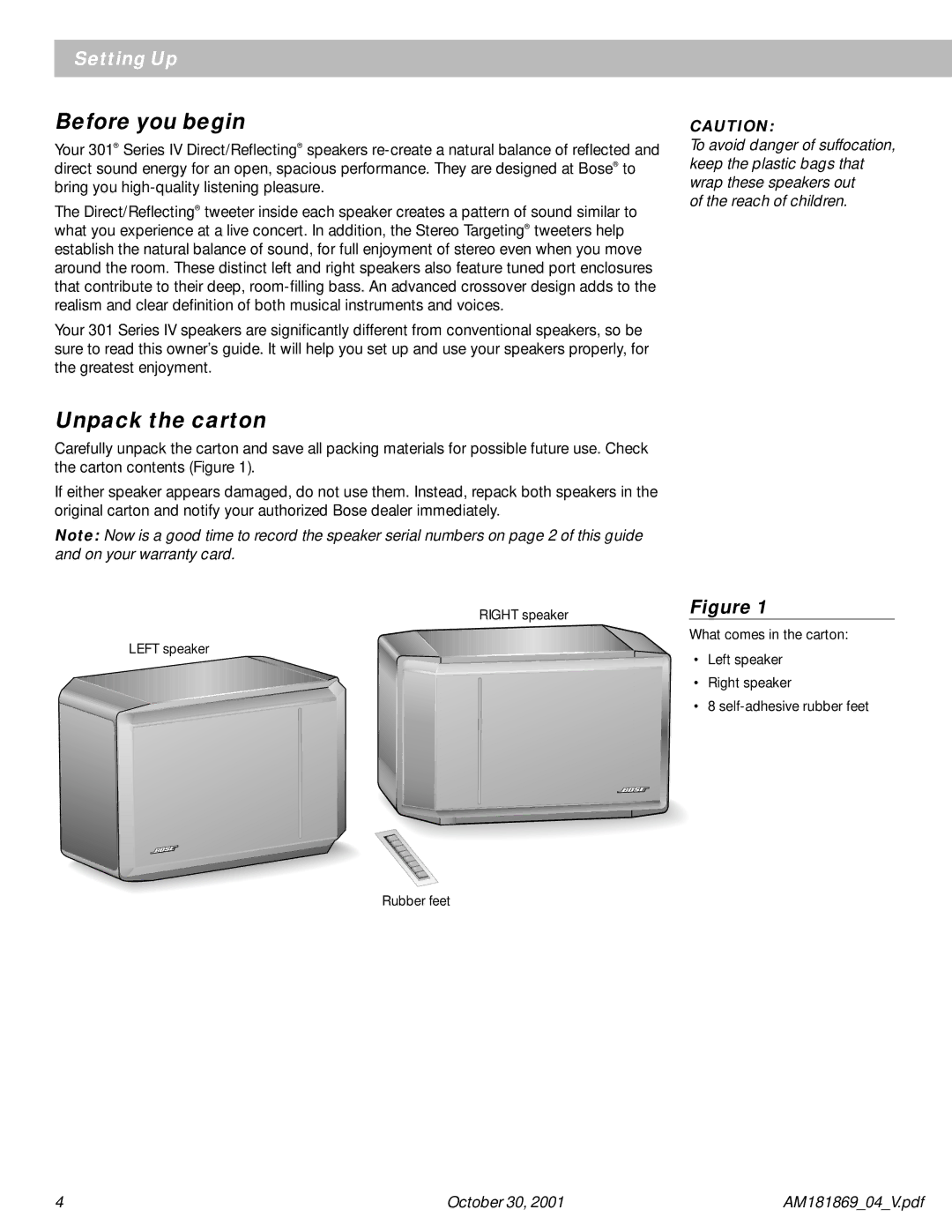 Bose 301 Series manual Before you begin, Unpack the carton 