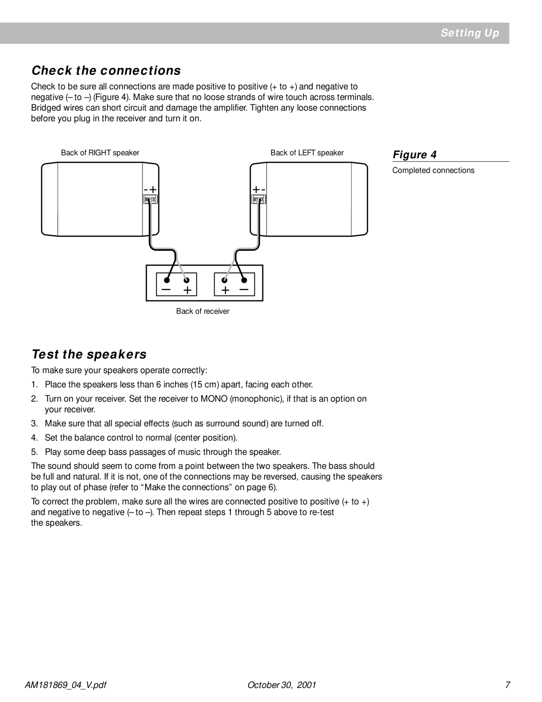 Bose 301 Series manual Check the connections, Test the speakers 