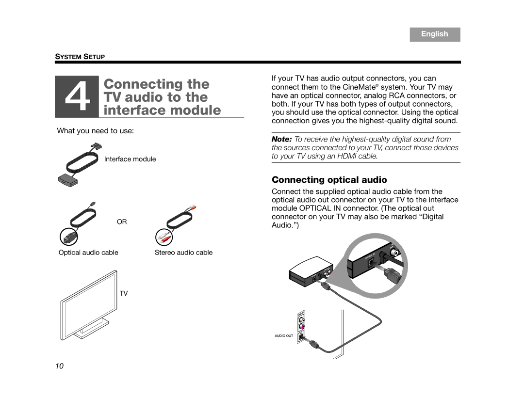 Bose 320573-1100 manual Connecting TV audio to the interface module, Connecting optical audio 