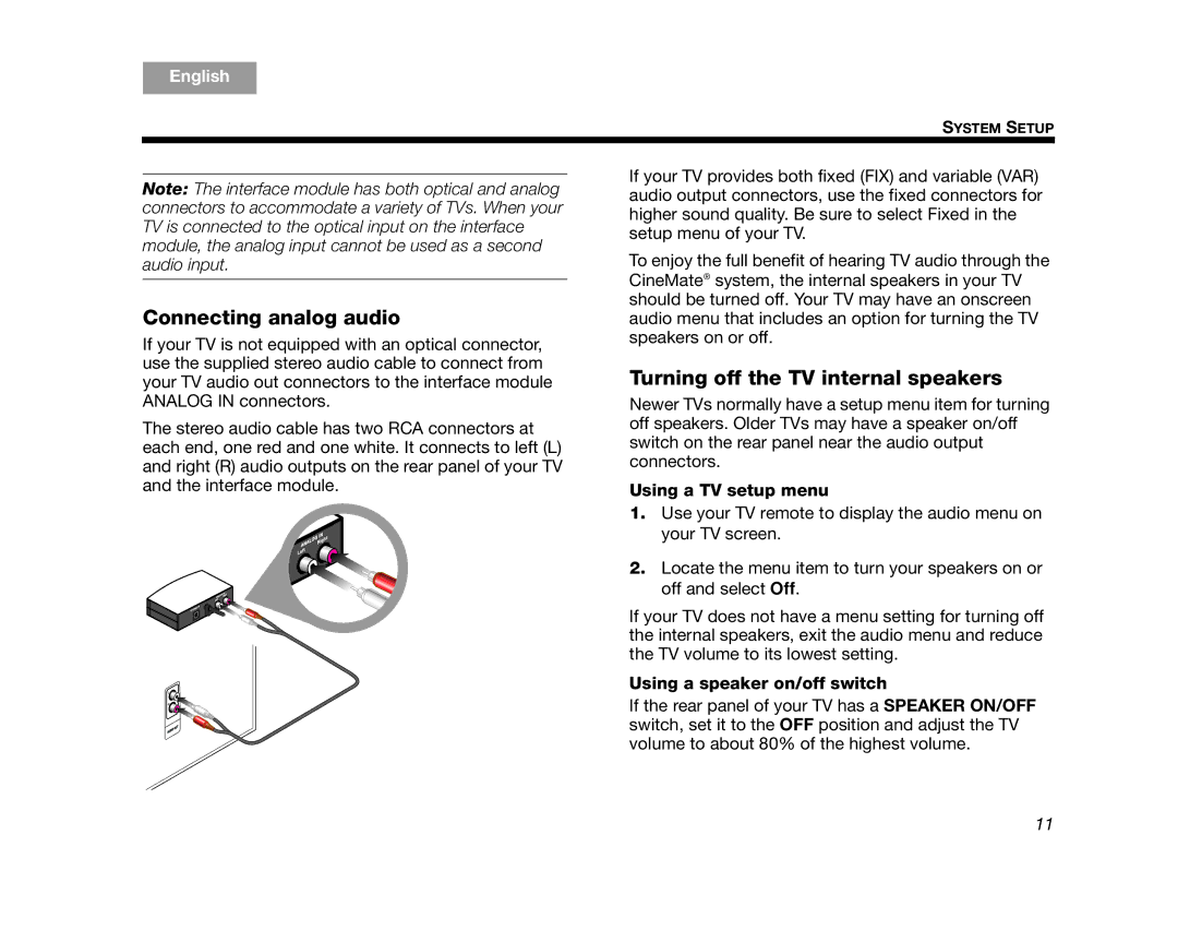 Bose 320573-1100 manual Connecting analog audio, Turning off the TV internal speakers 