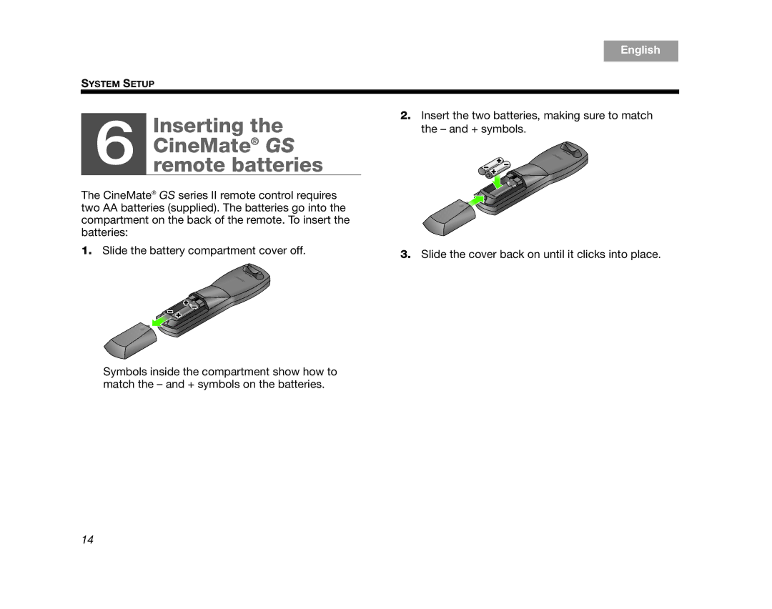 Bose 320573-1100 manual Inserting CineMate GS Remote batteries 