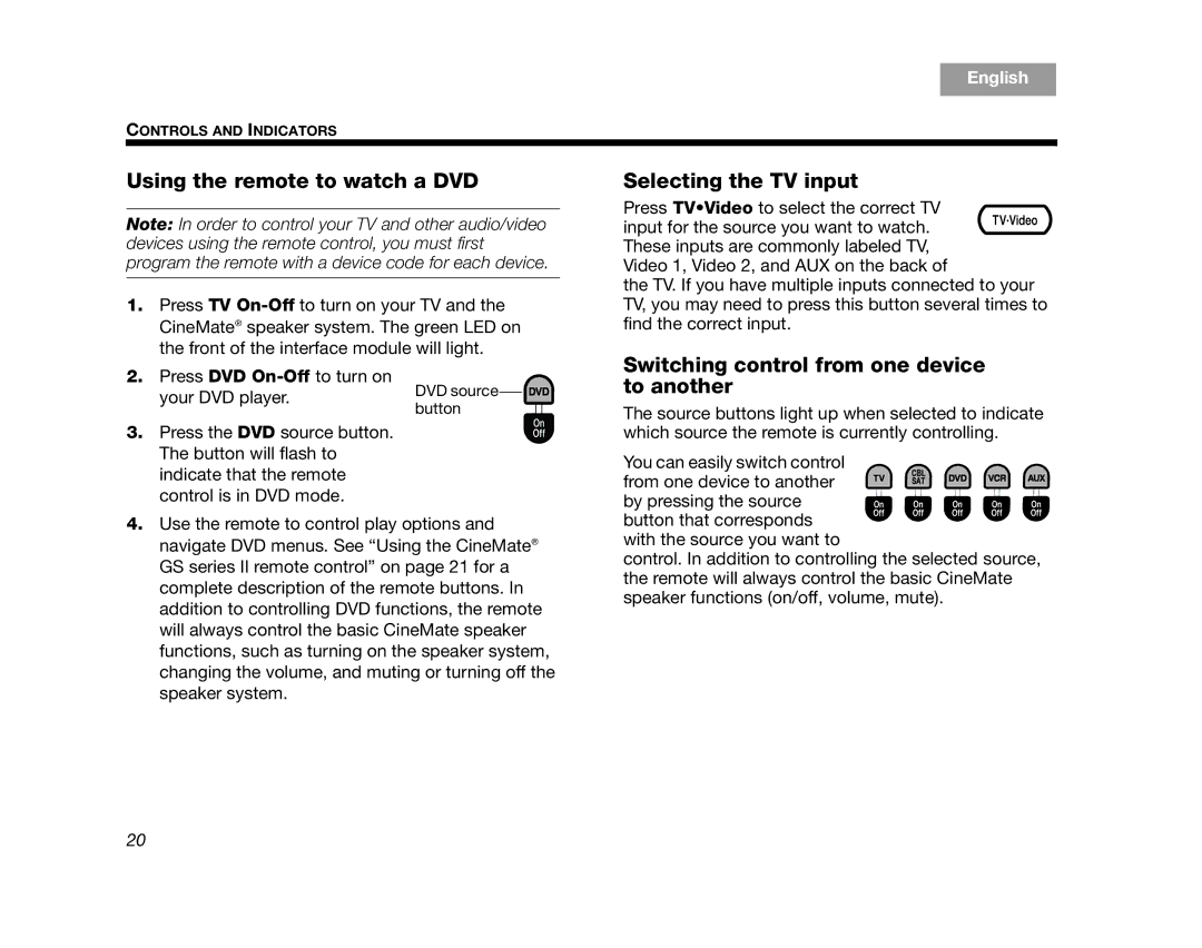 Bose 320573-1100 Using the remote to watch a DVD, Selecting the TV input, Switching control from one device to another 