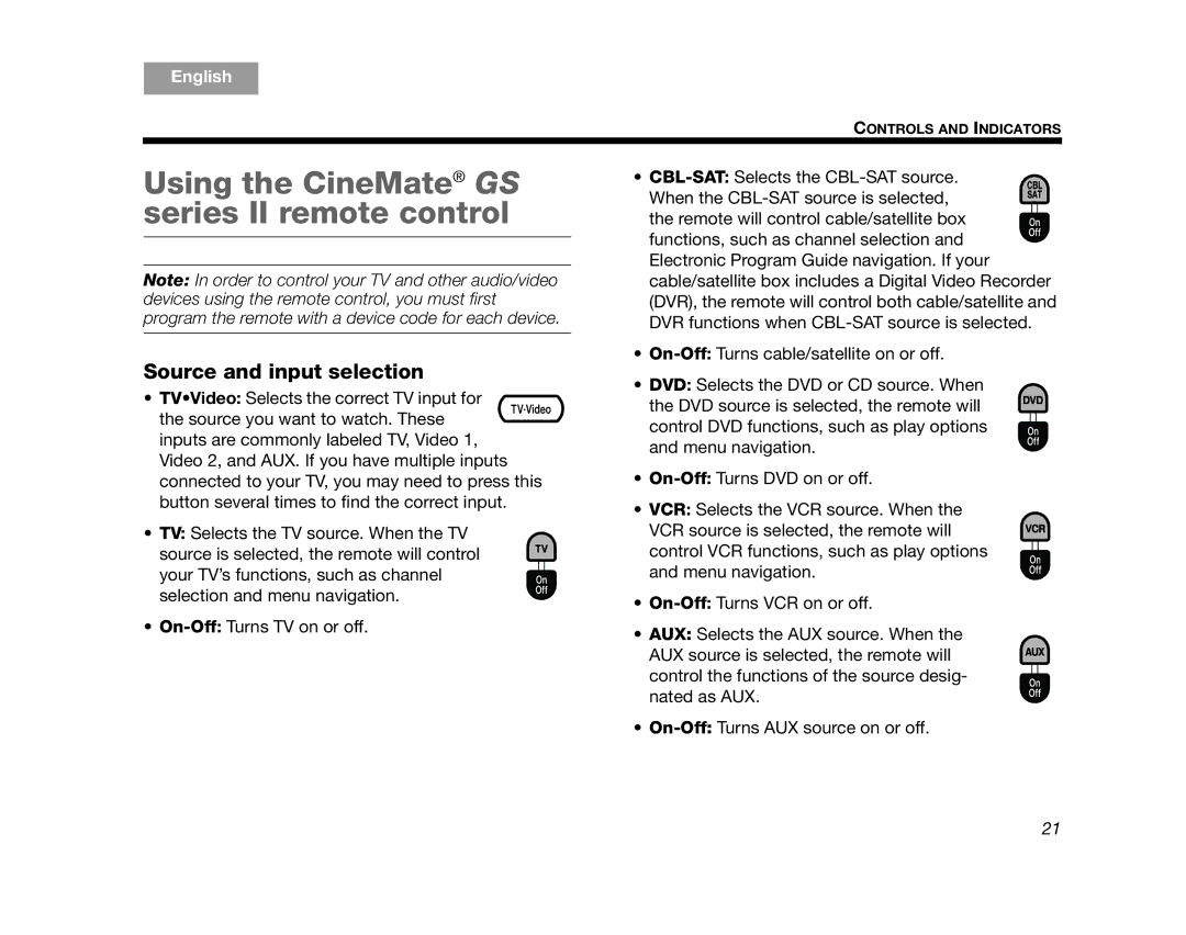 Bose 320573-1100 manual Using the CineMate GS series II remote control, Source and input selection 