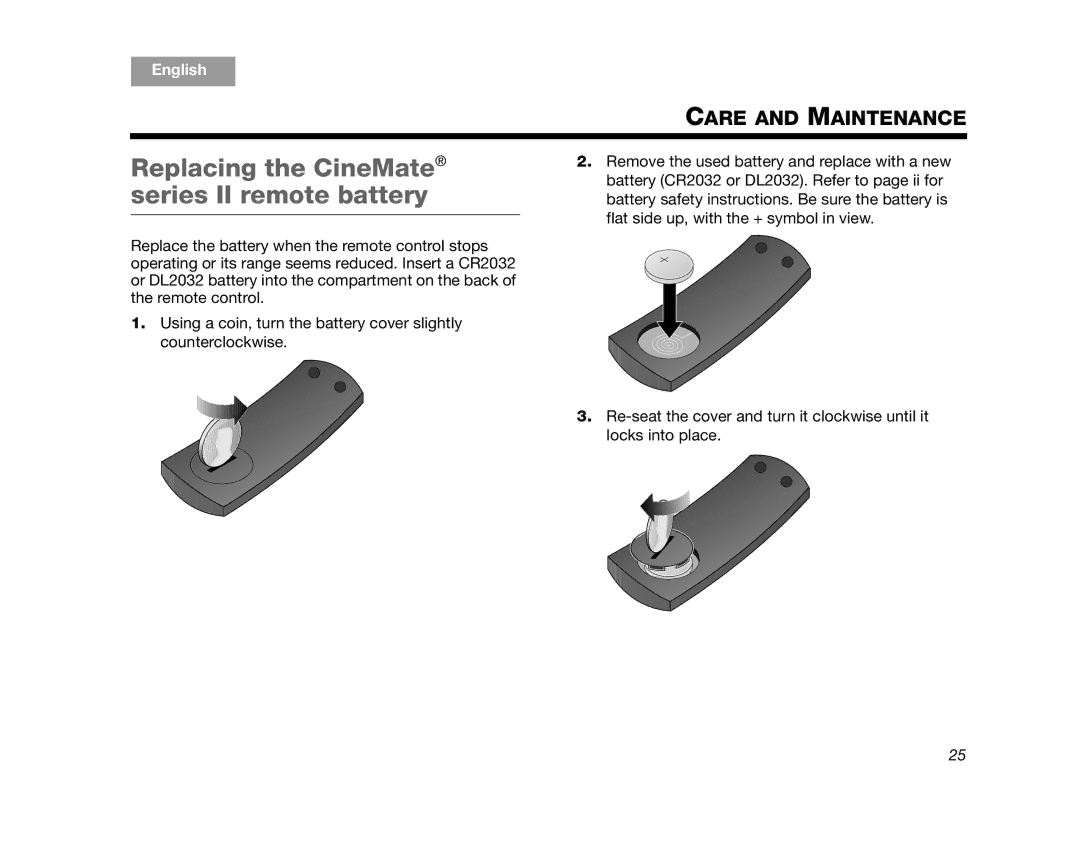 Bose 320573-1100 manual Replacing the CineMate series II remote battery 