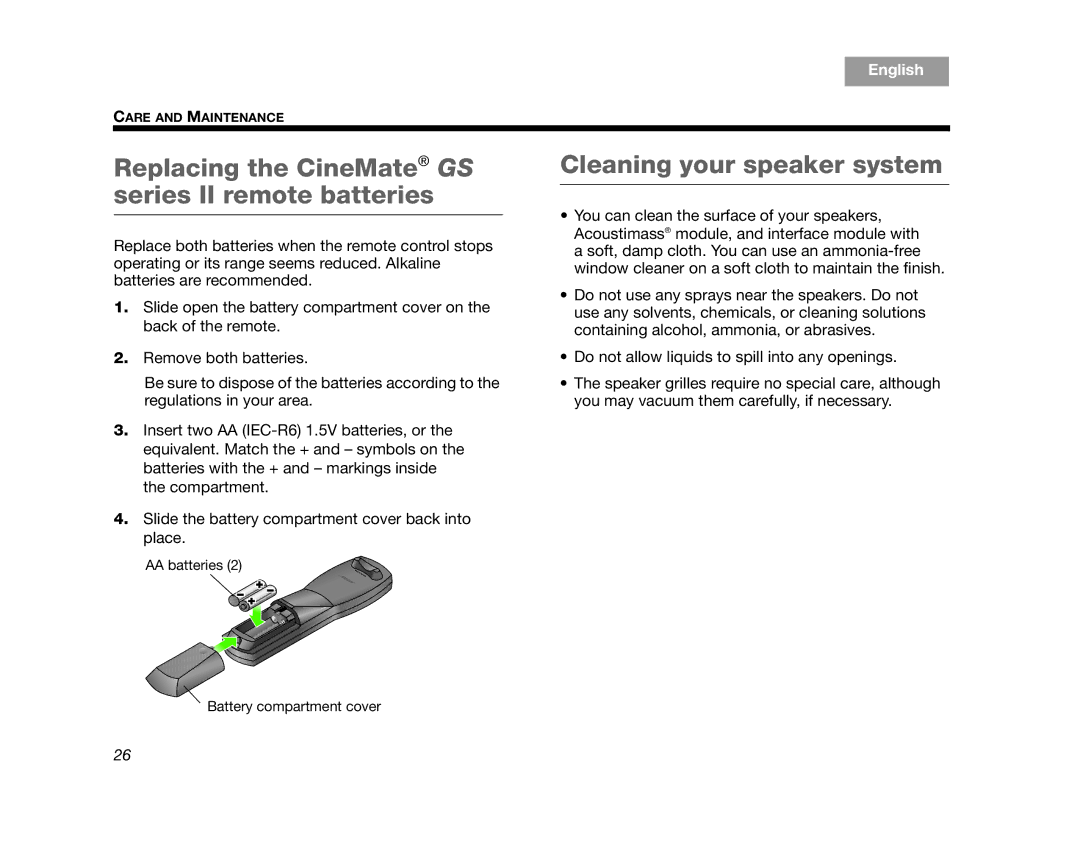 Bose 320573-1100 manual Replacing the CineMate GS series II remote batteries, Cleaning your speaker system 