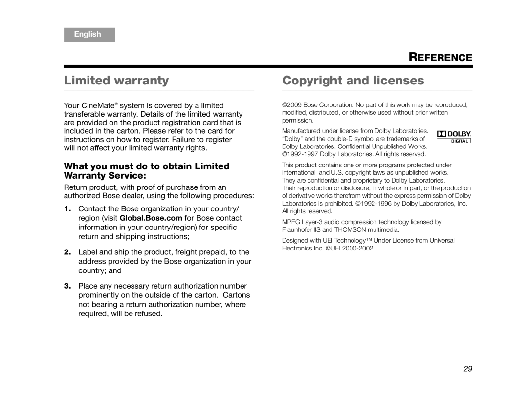 Bose 320573-1100 manual Limited warranty, Copyright and licenses, What you must do to obtain Limited Warranty Service 