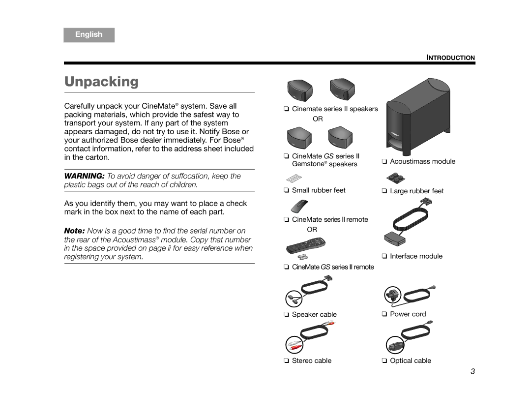 Bose 320573-1100 manual Unpacking 