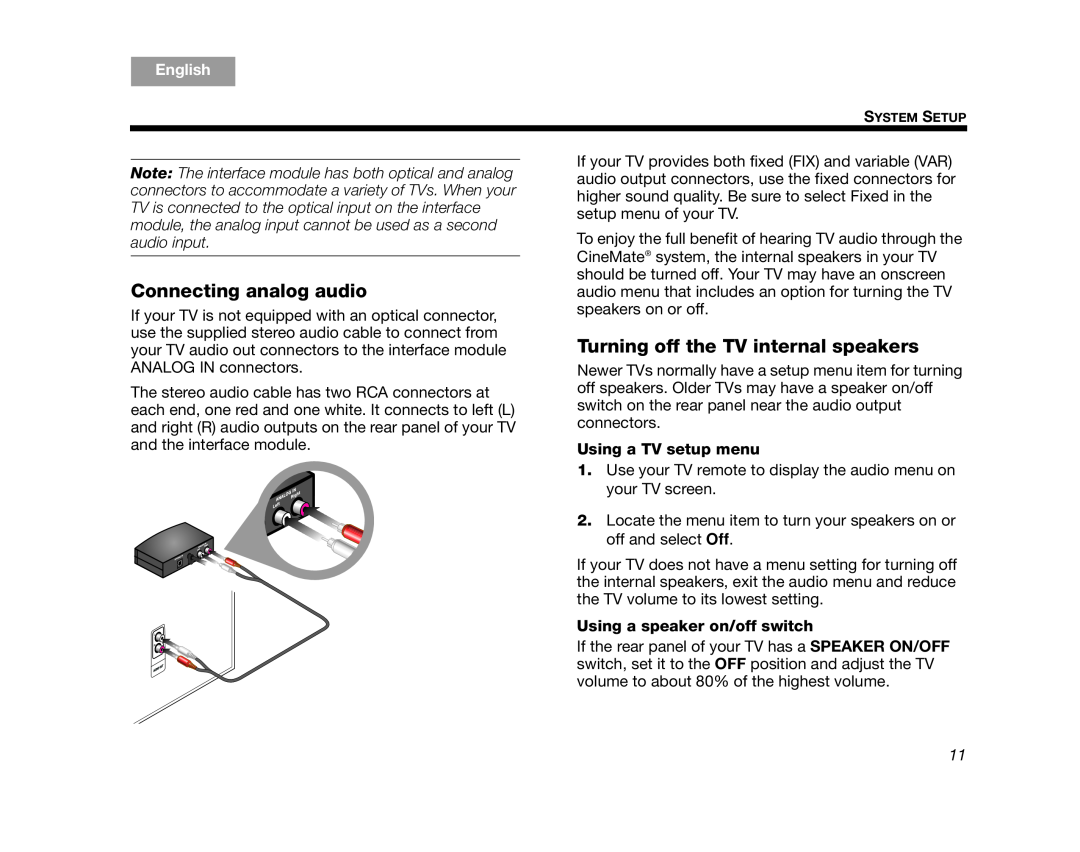 Bose 320573-1100 manual Connecting analog audio, Turning off the TV internal speakers, Using a TV setup menu, English 