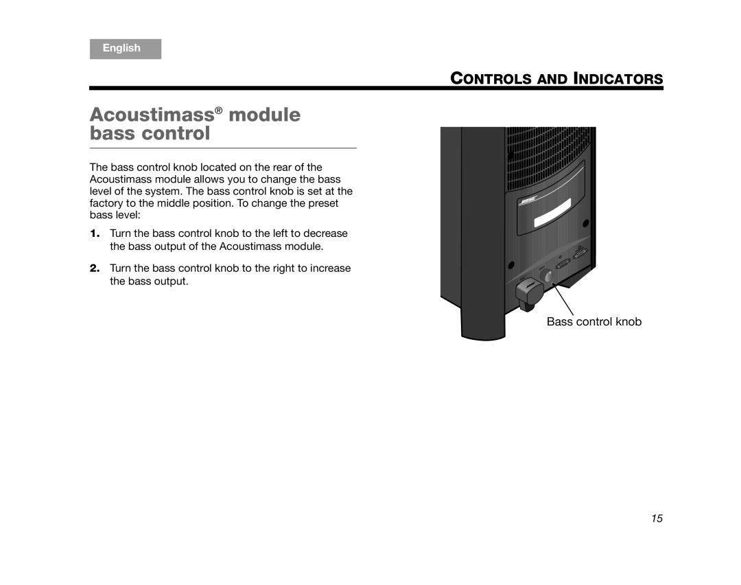 Bose 320573-1100 manual Acoustimass module bass control, Controls And Indicators, Bass control knob, English 