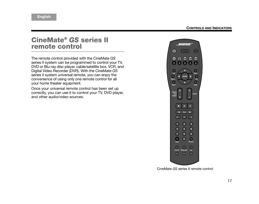 Bose 320573-1100 manual CineMate GS series II remote control, English, DeutschEspañol FrançaisItliano Nederlands Svenska 
